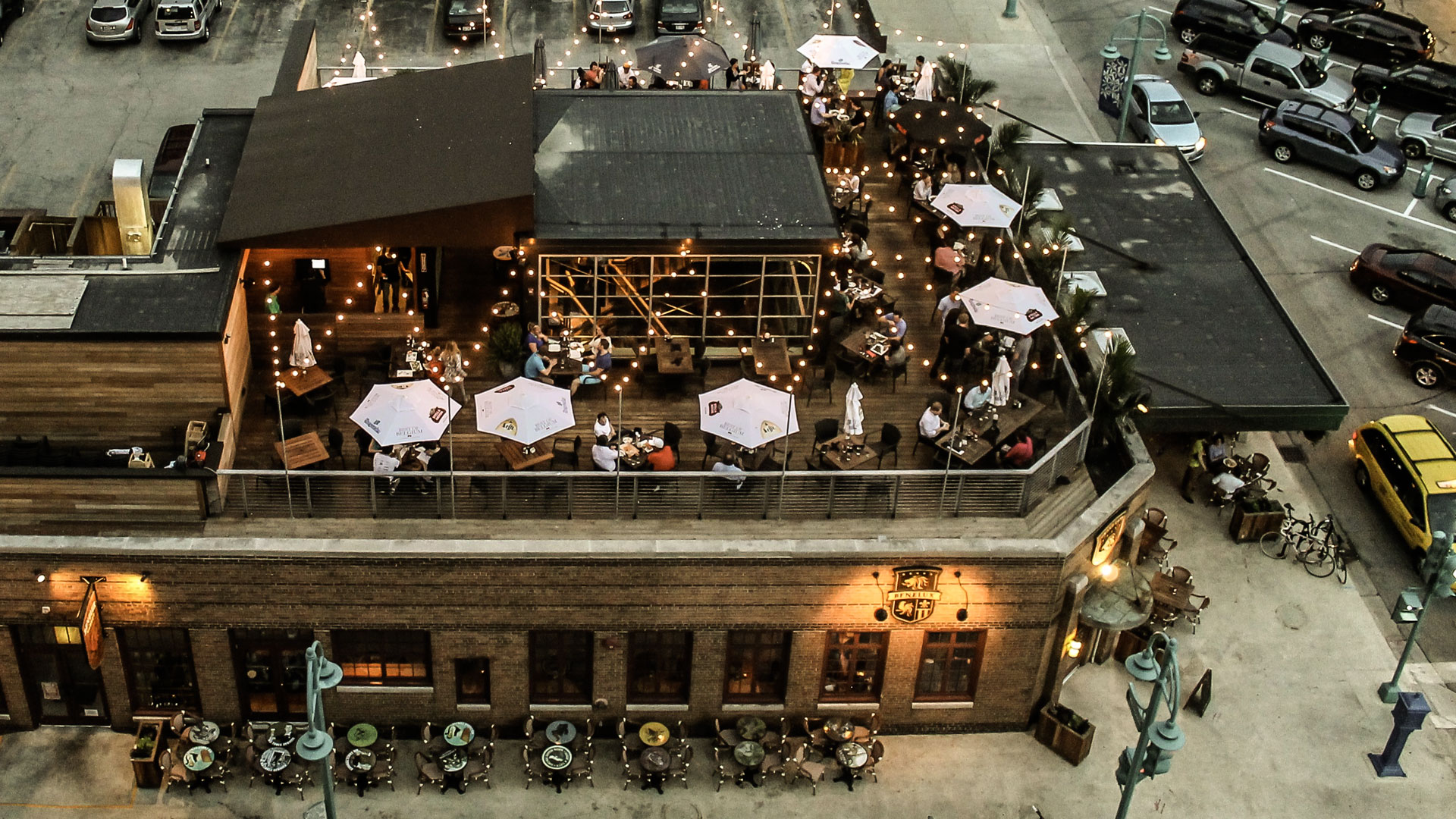 Drone photo of Café Benelux's rooftop patio