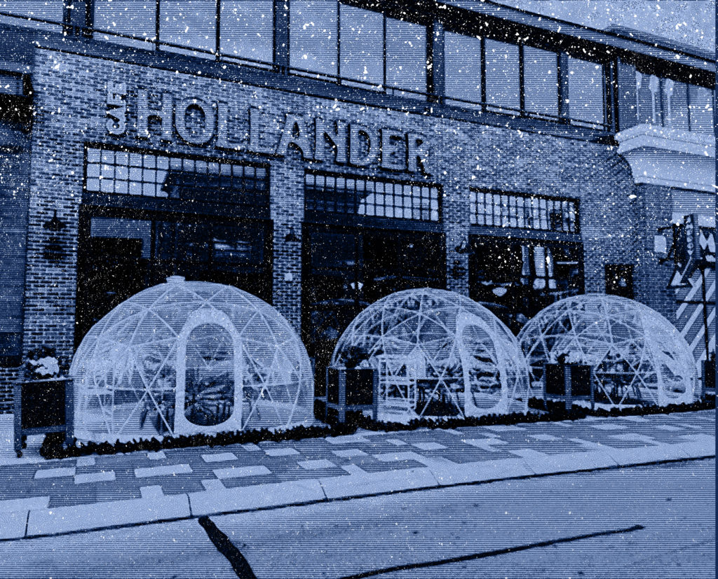Café Hollander's winter domes with a blue, snowy overlay