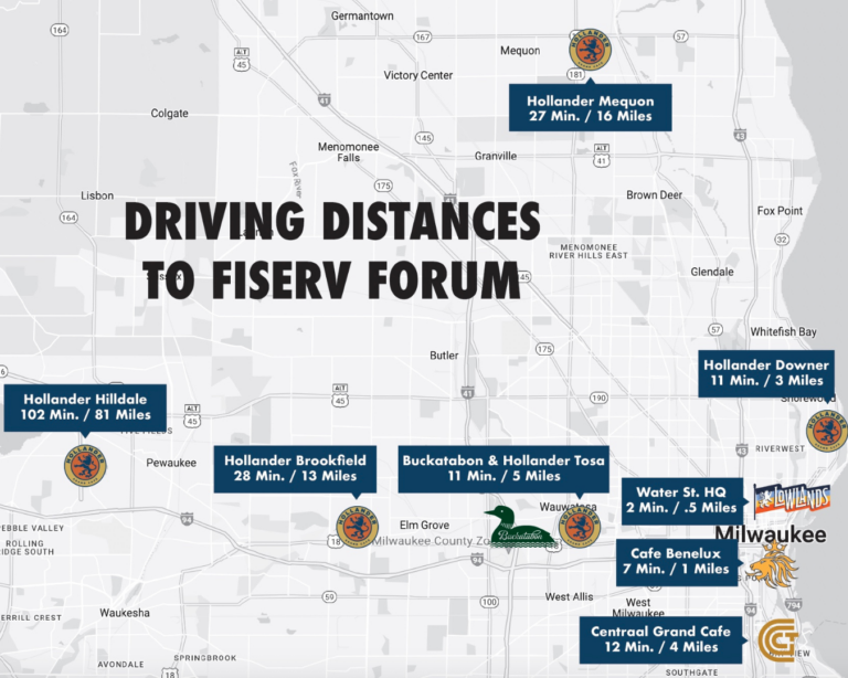 A map of driving distances from each Lowlands Group restaurant to the Fiserv Forum in Downtown Milwaukee